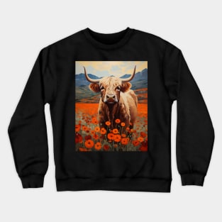 Retro Kitsch Highland Cattle Poppy Flowers Art Painting | Vintage-Inspired Wall Decor Crewneck Sweatshirt